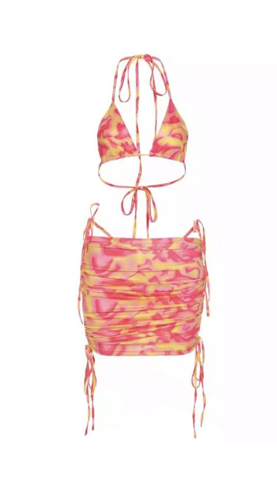 BEDRUCKTES BIKINI-TOP-ROCK-ZWEITEILIGES SET IN ROSA-GELB