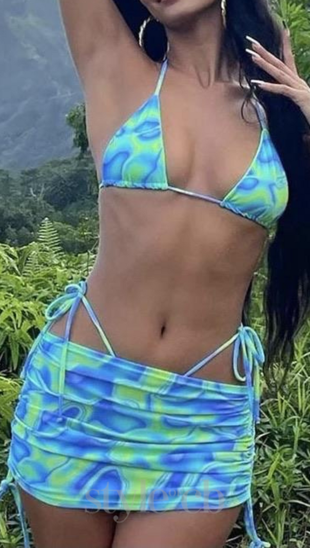 AIIZIE PRINTED BIKINI TOP SKIRT TWO PIECE SET IN GREEN BLUE - product image