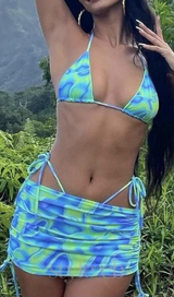 PRINTED BIKINI TOP SKIRT TWO PIECE SET IN GREEN BLUE