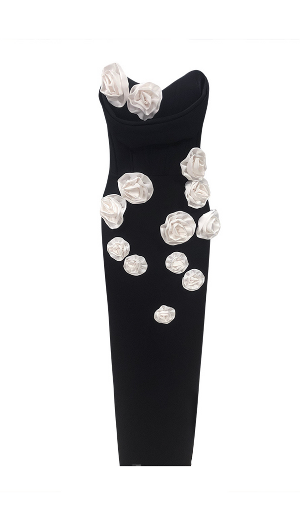 AIIZIE STRAPLESS FLORAL CORSET MAXI DRESS IN BLACK - product image