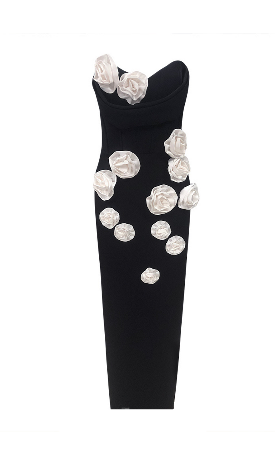ABITO LUNGO CON CORSETTO FLOREALE SENZA SPALLINE IN NERO