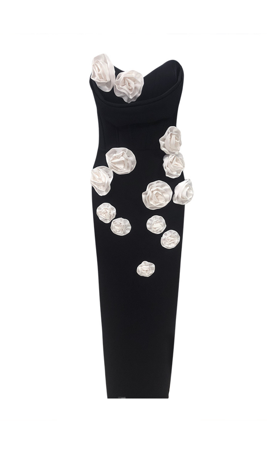 STRAPLESS FLORAL CORSET MAXI DRESS IN BLACK