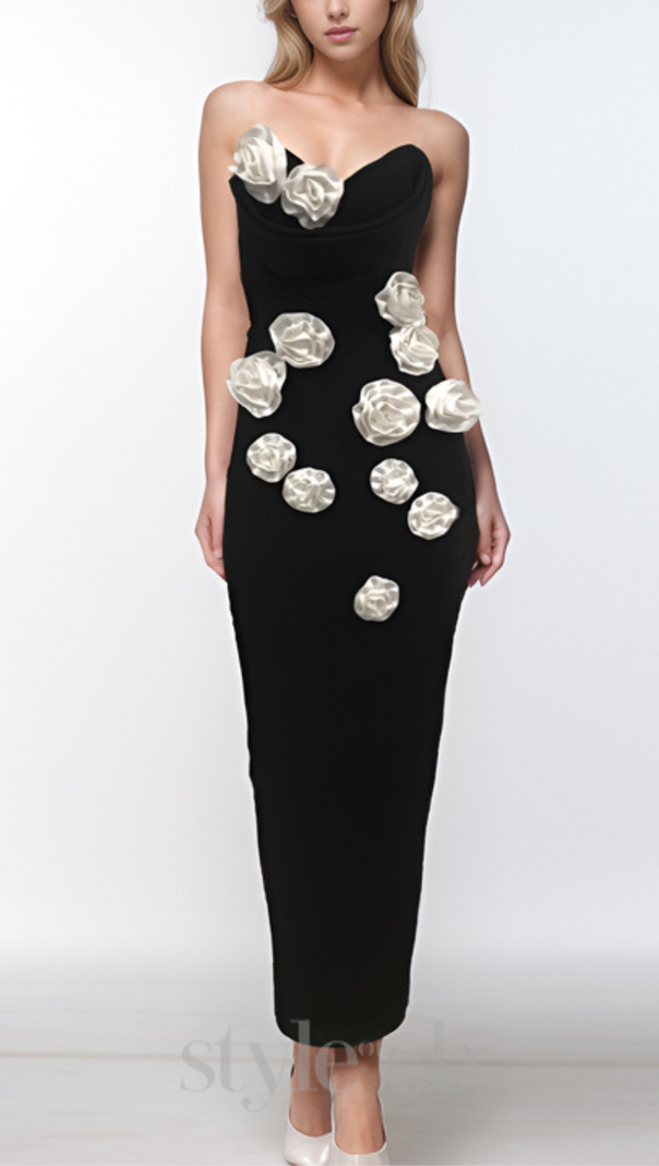 AIIZIE STRAPLESS FLORAL CORSET MAXI DRESS IN BLACK - product image