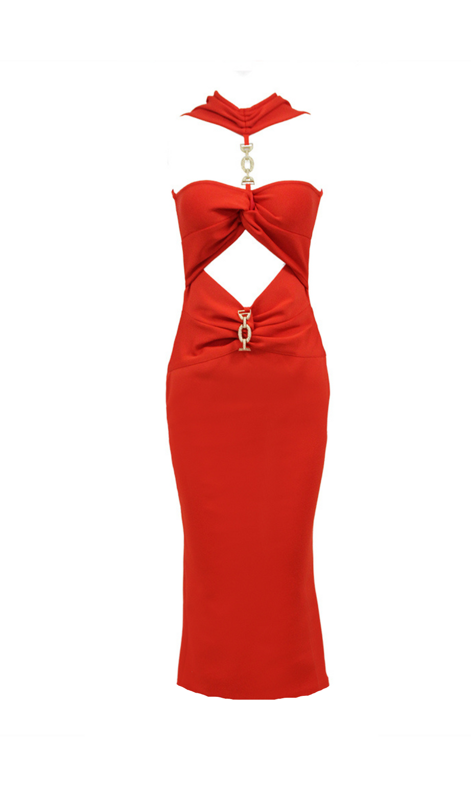 ABITO MIDI IN MAGLIA CON BENDAGGI E TAGLIO ROSSO