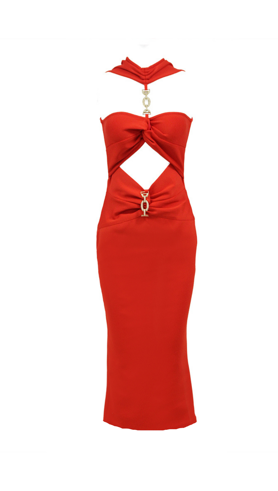 ABITO MIDI IN MAGLIA CON BENDAGGI E TAGLIO ROSSO