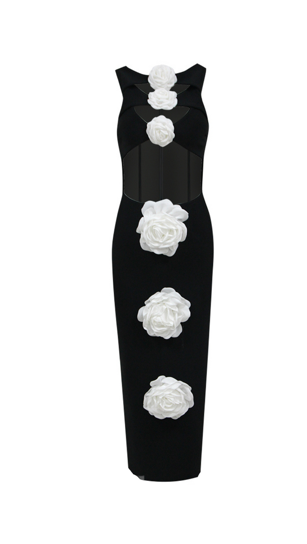 AIIZIE 3D FLOWER CUT OUT BODYCON MIDI DRESS IN BLACK - product image