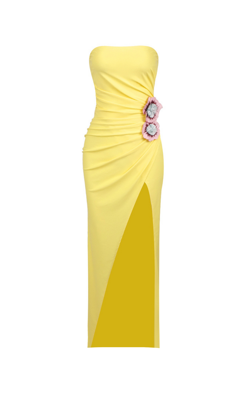 TRÄGERLOSES MIDIKLEID MIT BLUMEN UND RÜSCHEN IN GELB