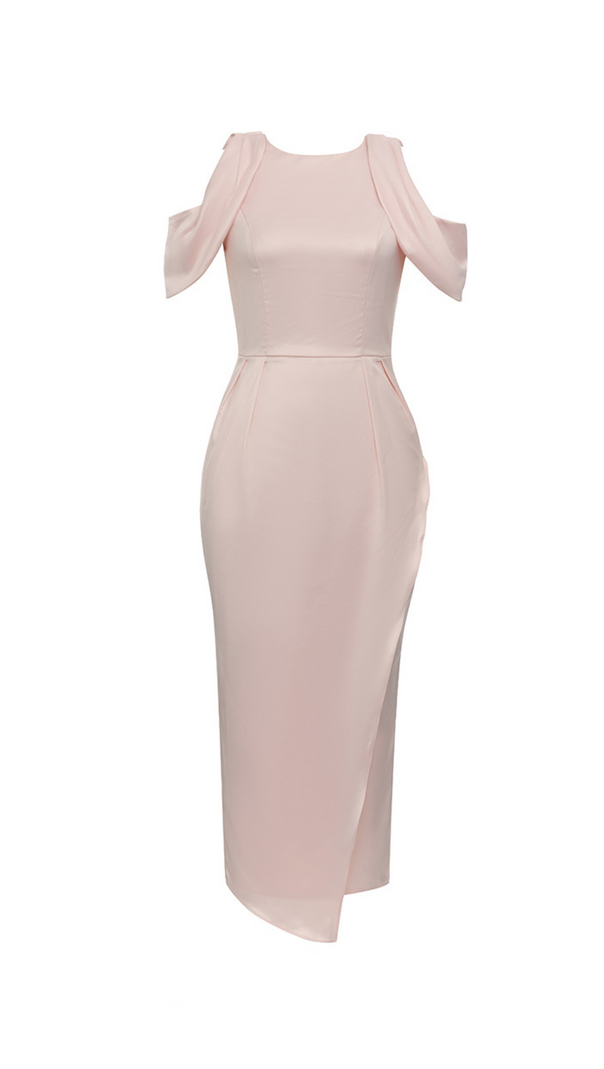 AIIZIE BODYCON SATIN RUCH MIDI DRESS IN PALE PINK - product image