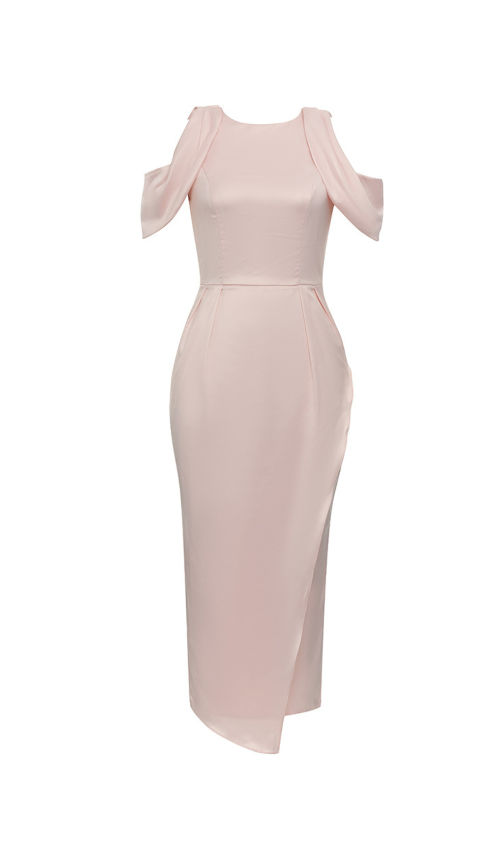BODYCON SATIN RUCH MIDI DRESS IN PALE PINK