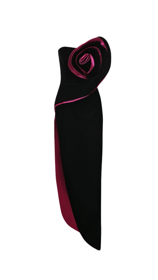 AIIZIE VELVET FLOWER SLIT MAXI DRESS IN BLACK - product image