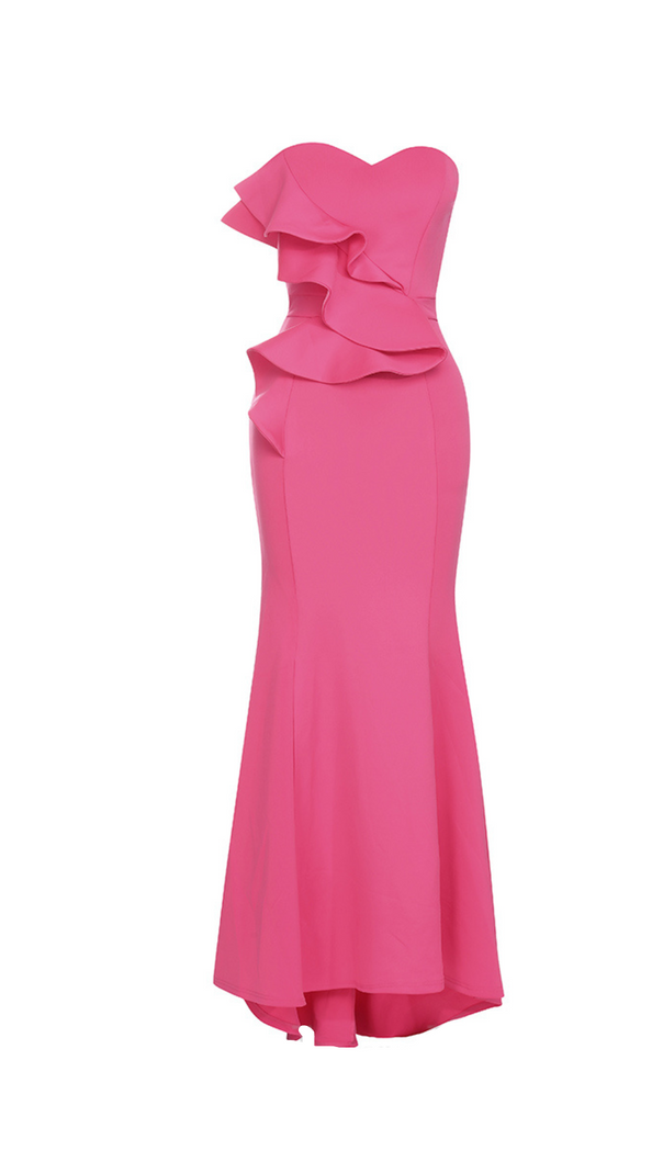 AIIZIE OFF SHOULDER RUFFLE TRIM BODYCON GOWN IN PINK - product image