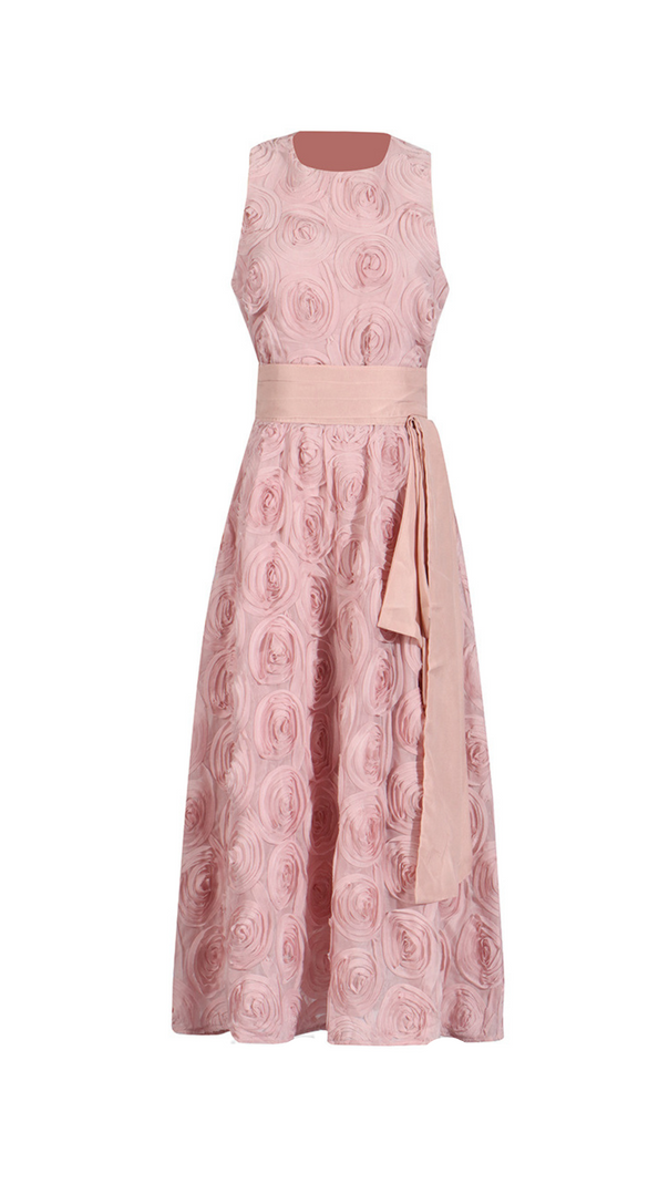AIIZIE ROSETTE TULLE SATIN WOVEN BELT MIDI DRESS IN PINK - product image