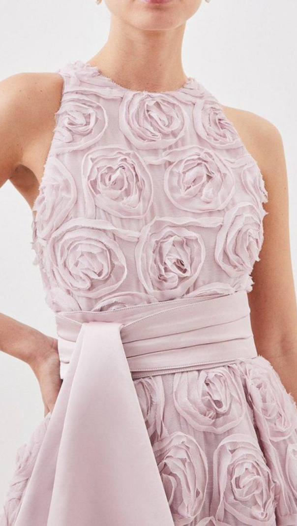 AIIZIE ROSETTE TULLE SATIN WOVEN BELT MIDI DRESS IN PINK - product image