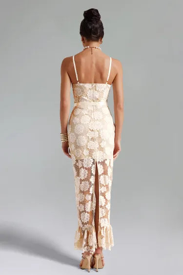 WHITE FLORAL EMBELLISHED LACE BODYCON MAXI DRESS