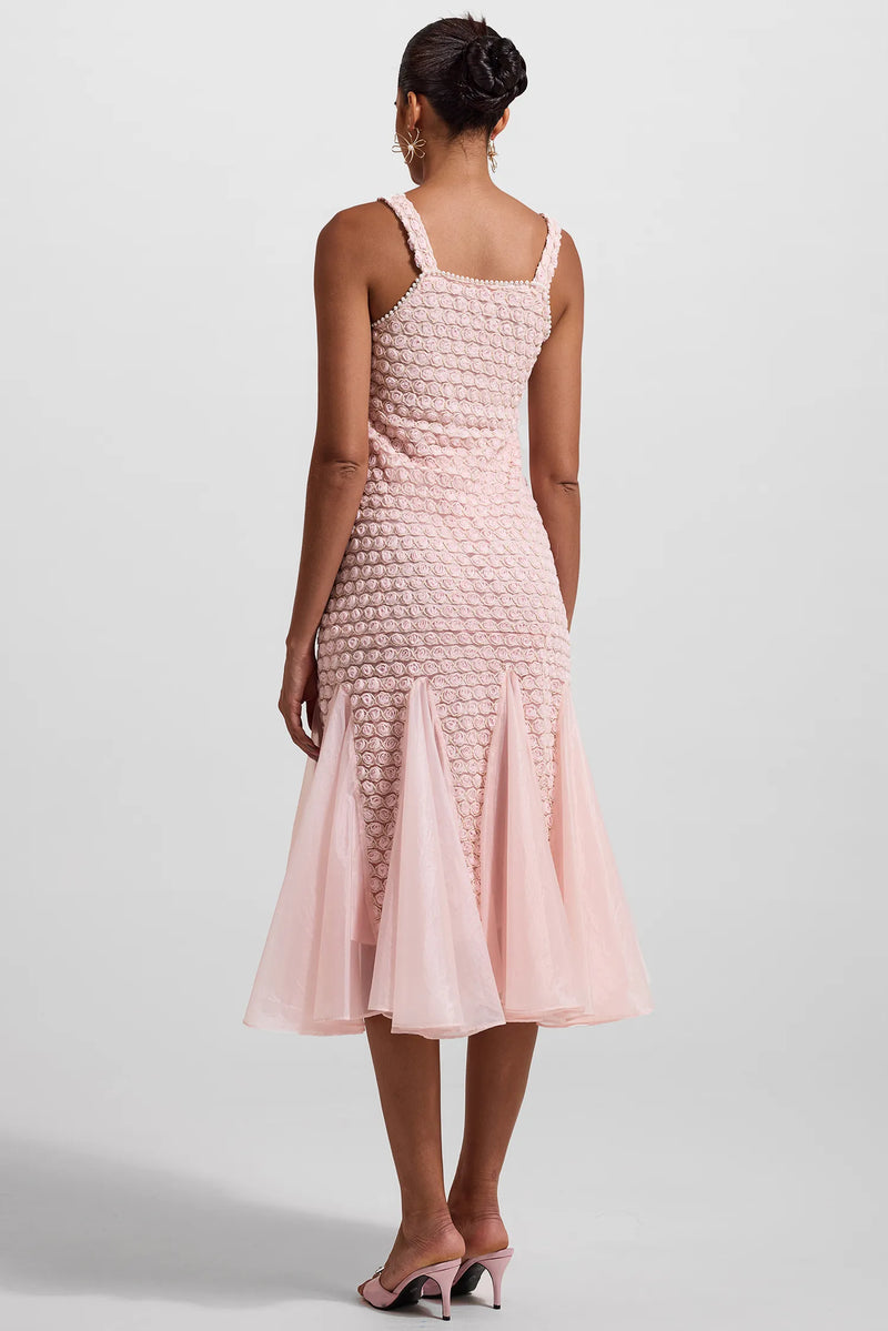 SYLVIA PINK EMBROIDERED SPLICING SLEEVELESS MIDI DRESS