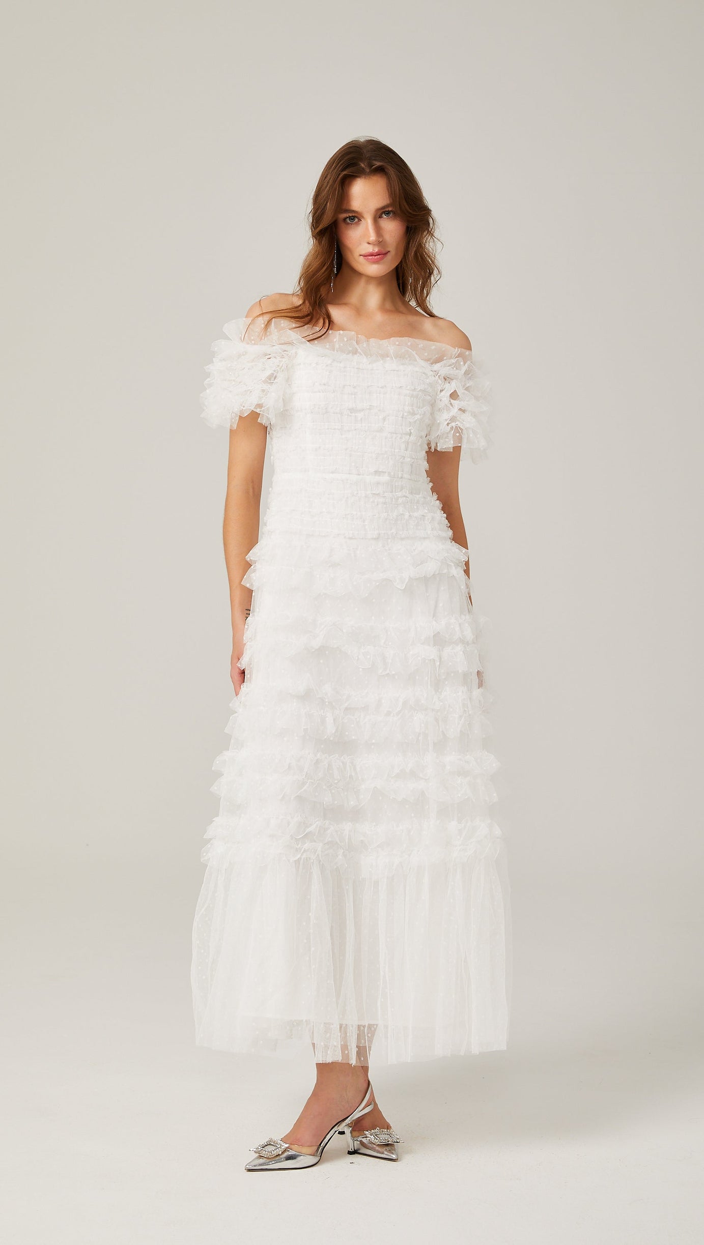 Joyce Ruffled Tulle Strapless Midi Dress in White