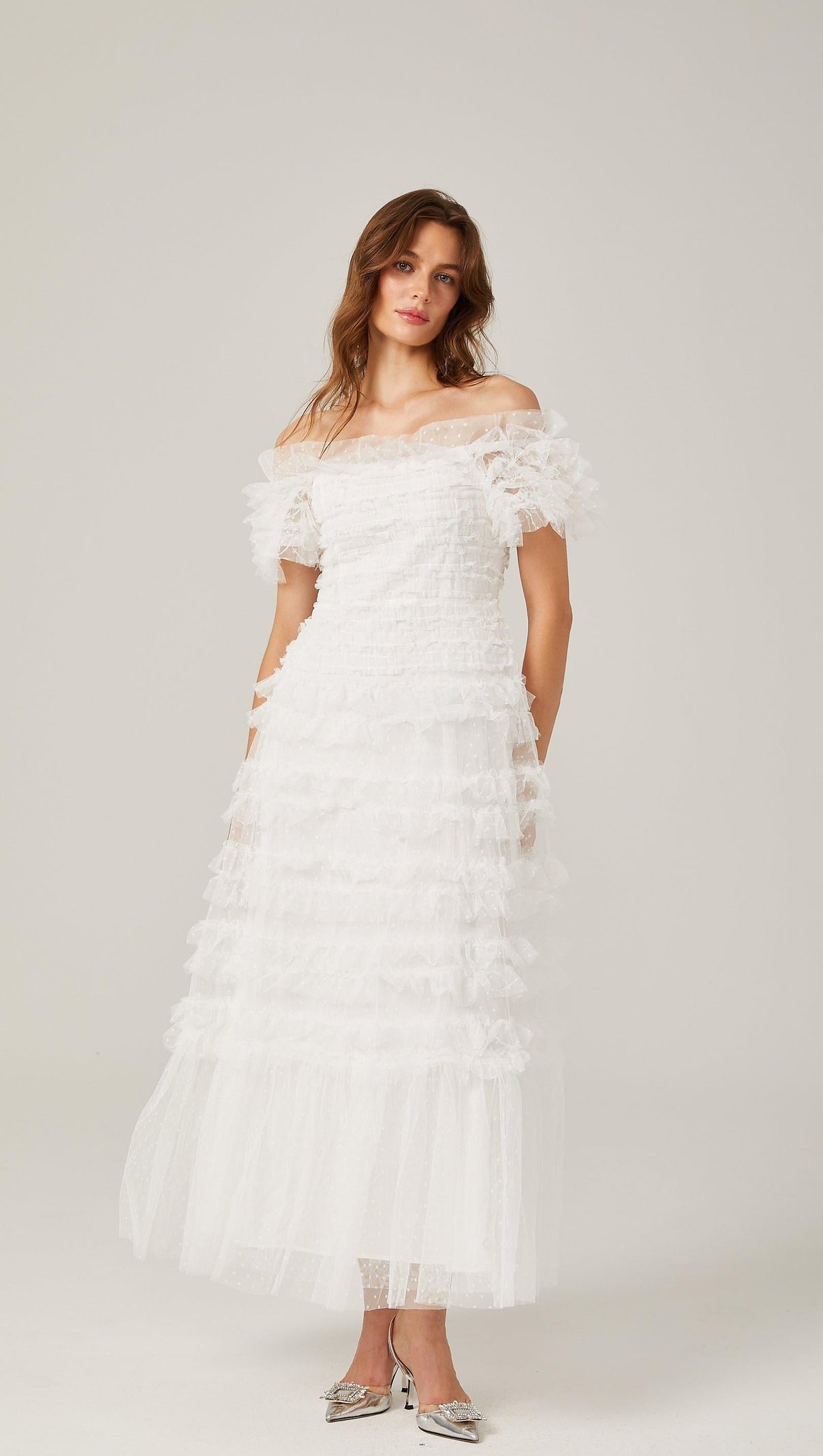 AIIZIE Joyce Ruffled Tulle Strapless Midi Dress in White - product image