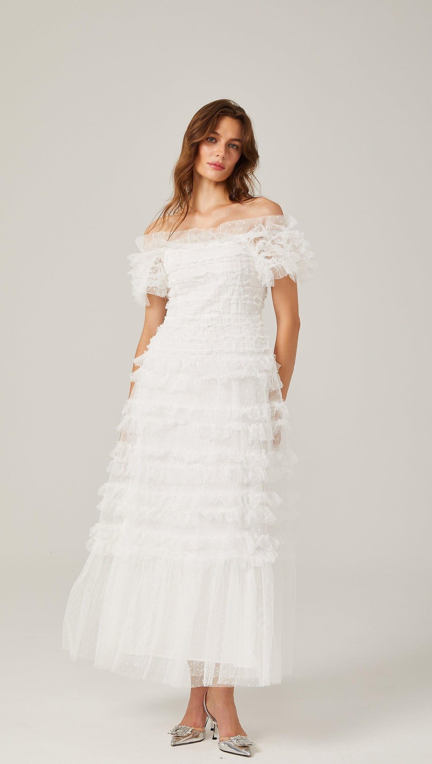 Joyce Ruffled Tulle Strapless Midi Dress in White