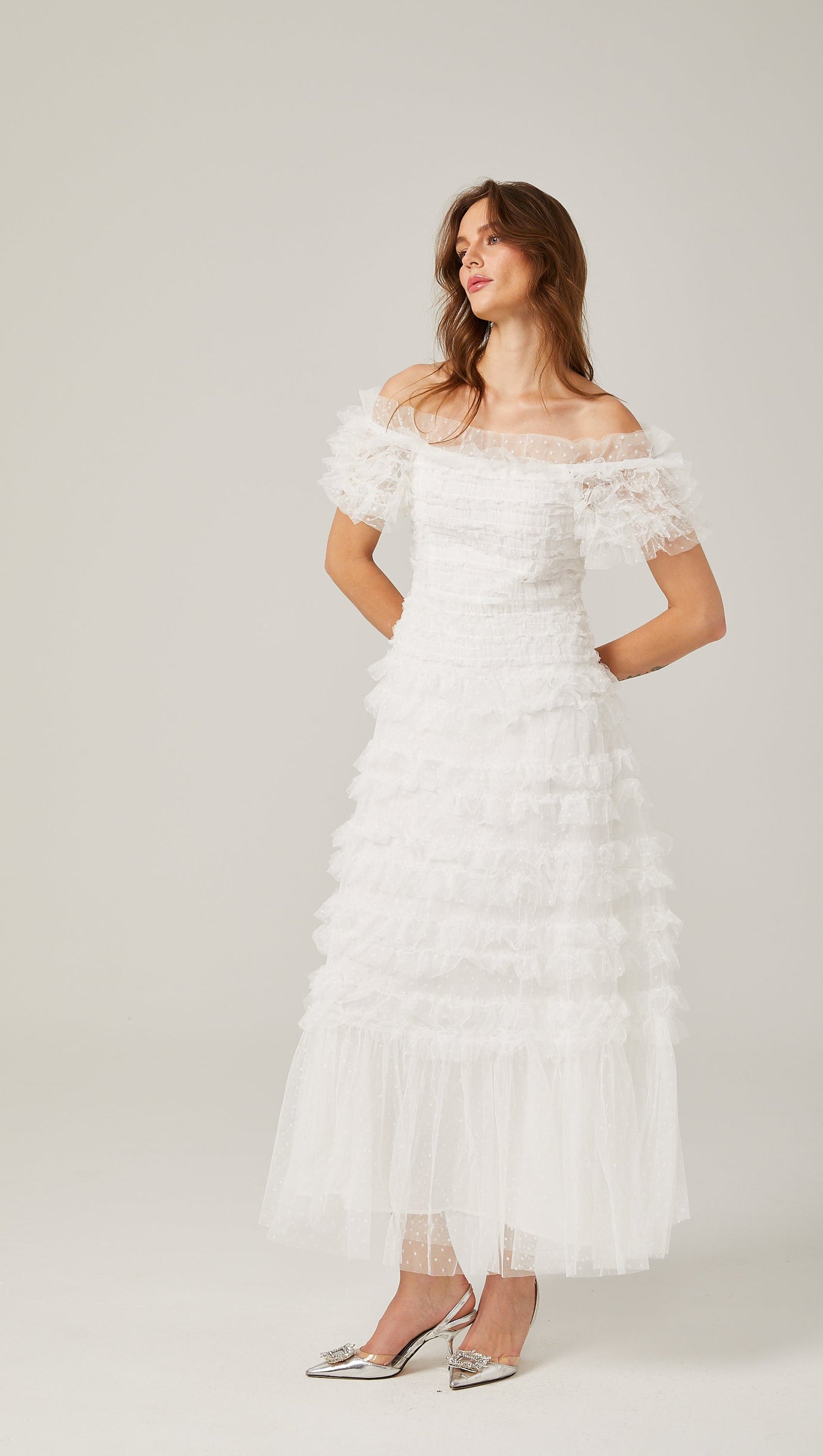 Joyce Ruffled Tulle Strapless Midi Dress in White