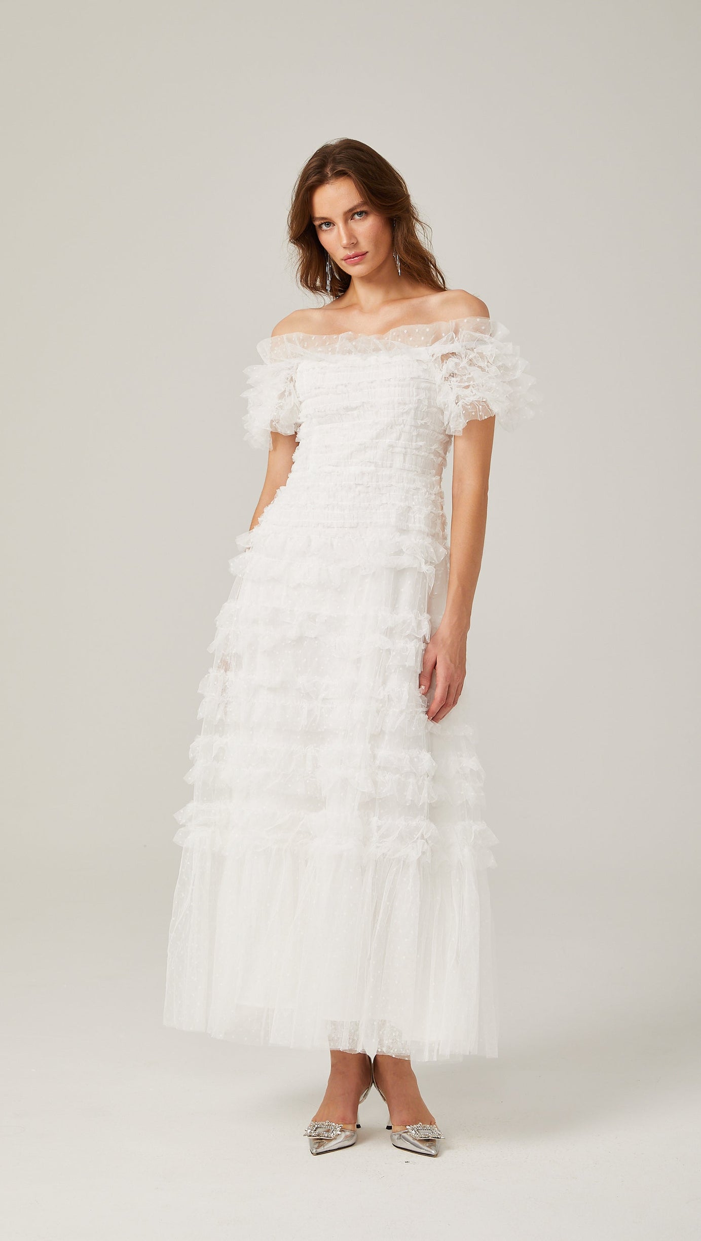 Joyce Ruffled Tulle Strapless Midi Dress in White