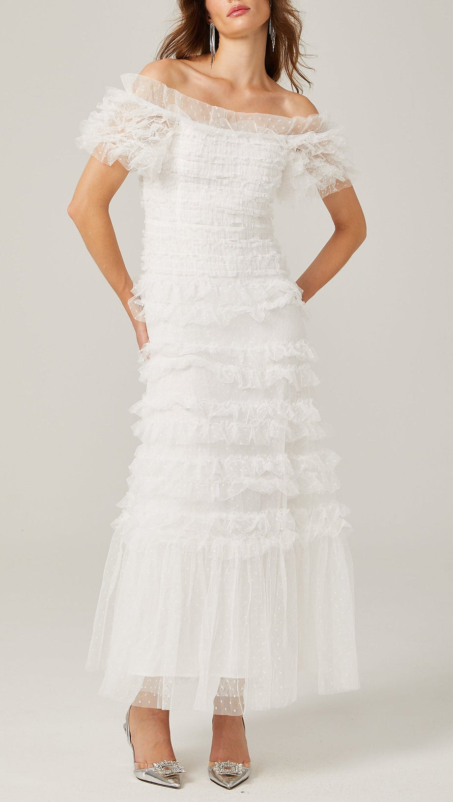 Joyce Ruffled Tulle Strapless Midi Dress in White