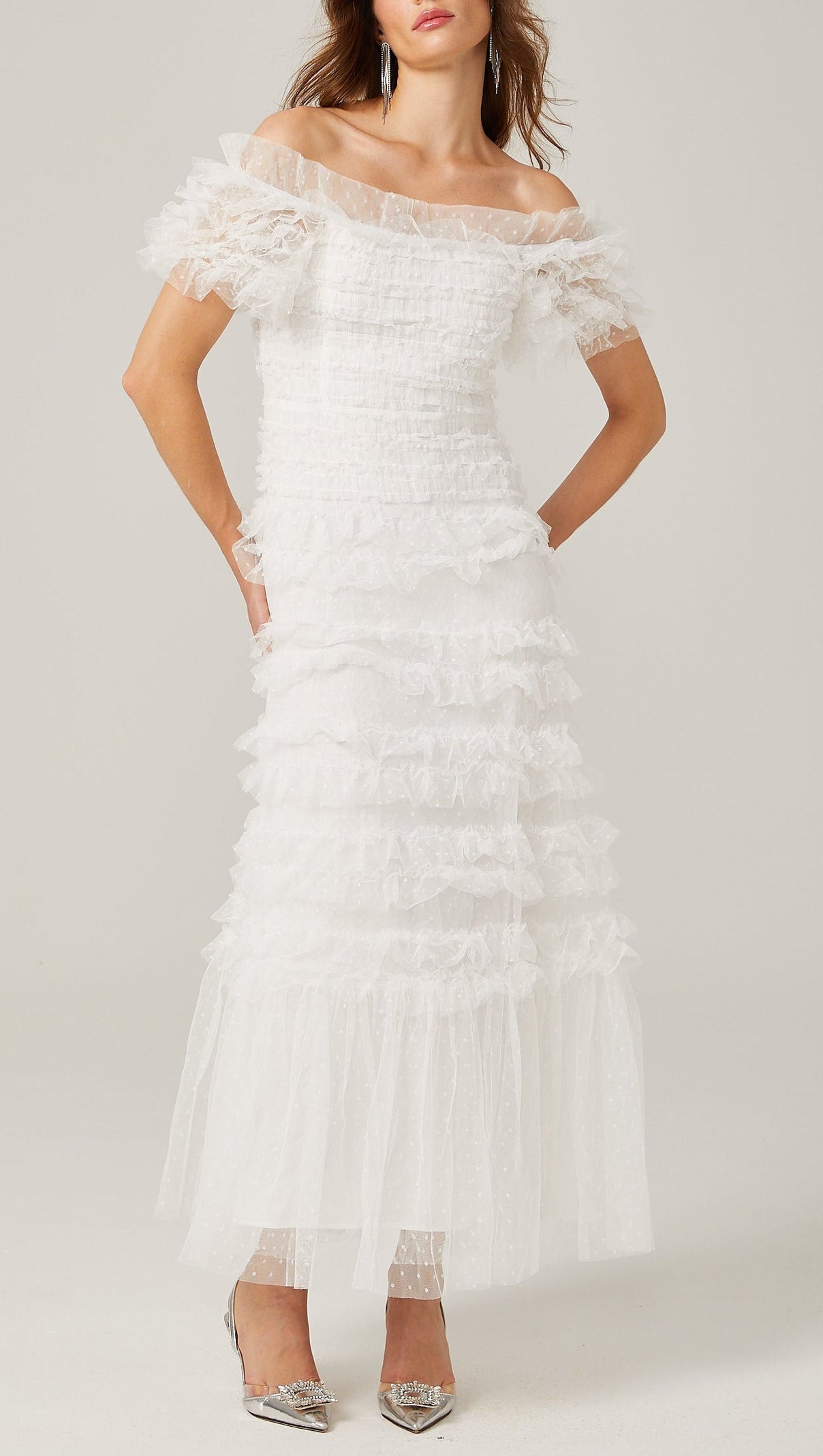 AIIZIE Joyce Ruffled Tulle Strapless Midi Dress in White - product image