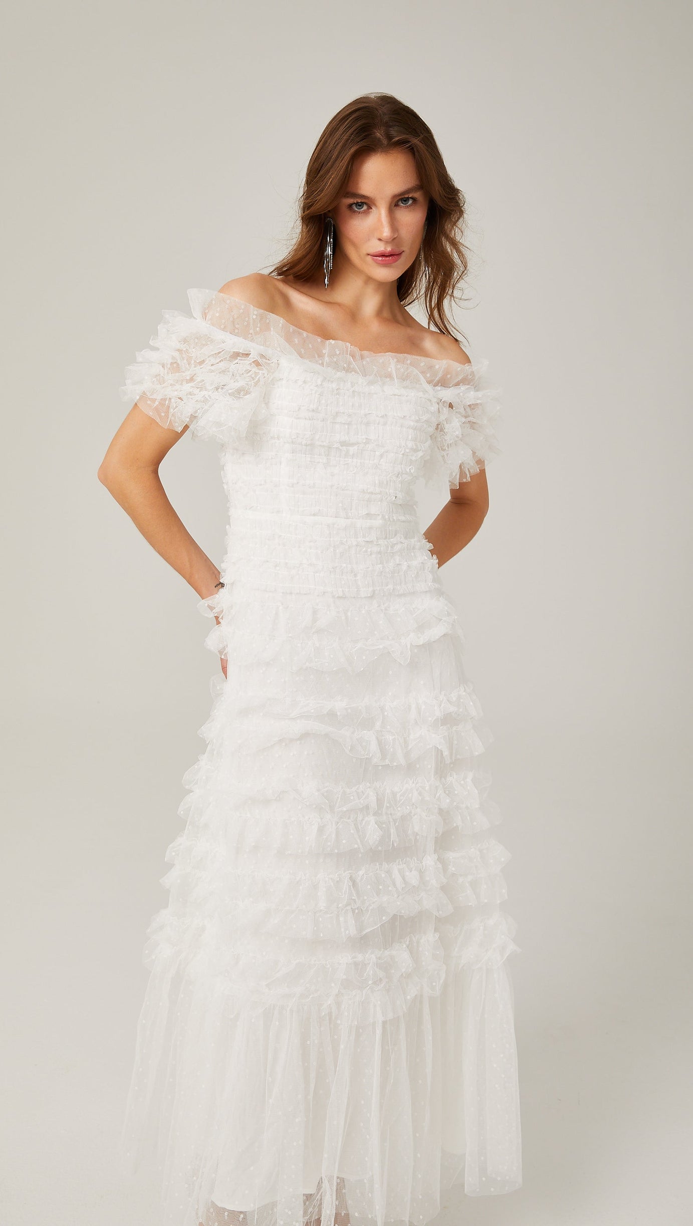Joyce Ruffled Tulle Strapless Midi Dress in White