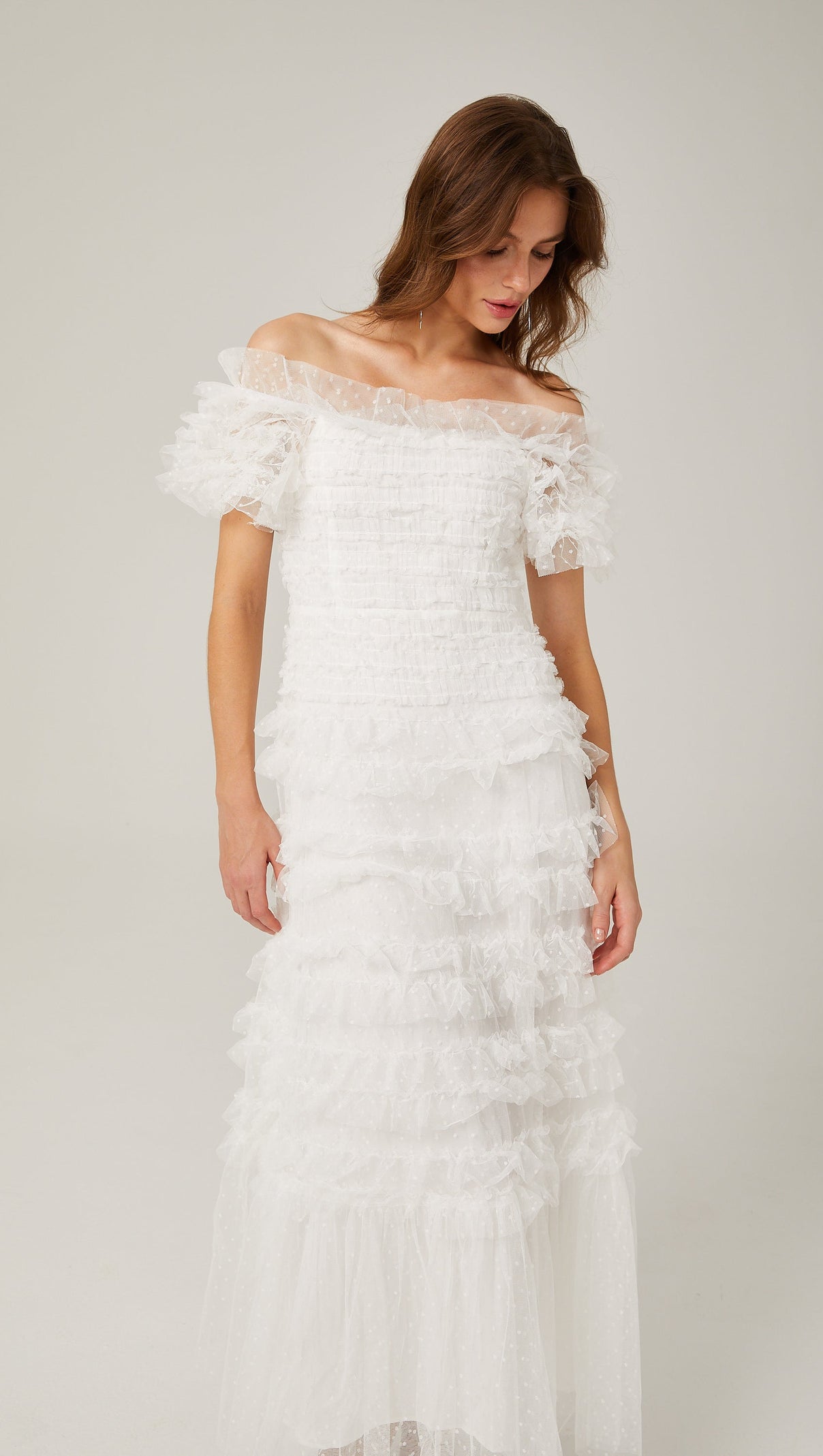 AIIZIE Joyce Ruffled Tulle Strapless Midi Dress in White - product image