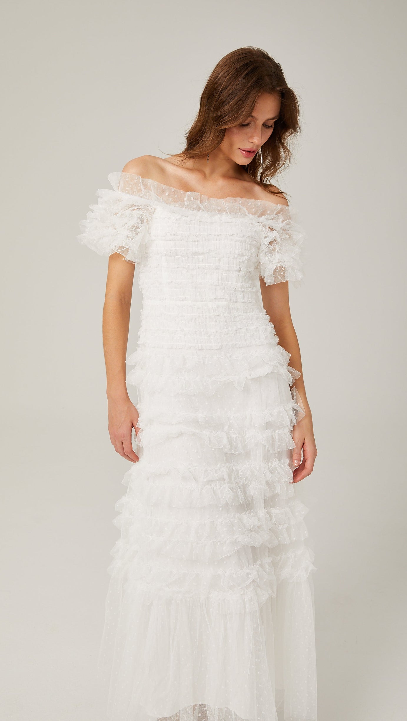 Joyce Ruffled Tulle Strapless Midi Dress in White
