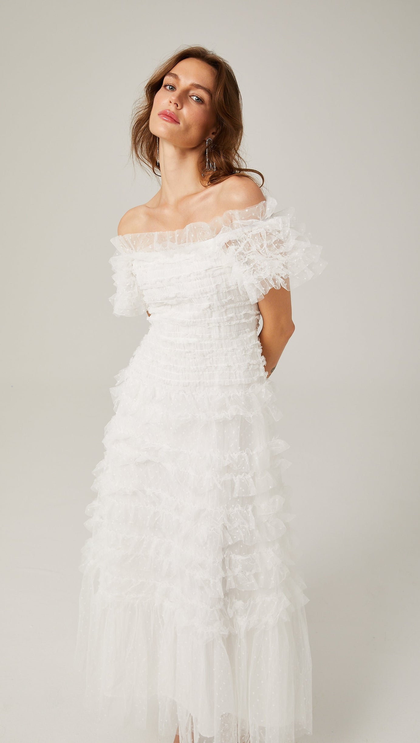 Joyce Ruffled Tulle Strapless Midi Dress in White
