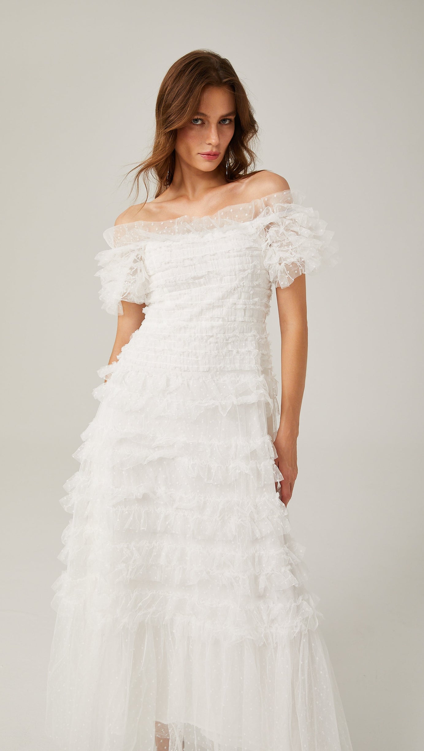 Joyce Ruffled Tulle Strapless Midi Dress in White