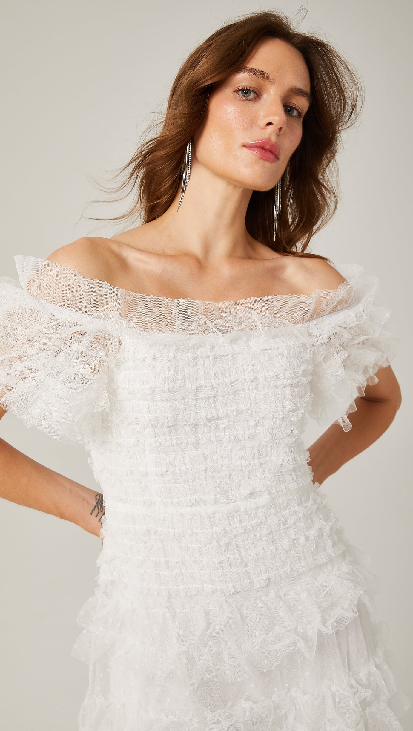Joyce Ruffled Tulle Strapless Midi Dress in White