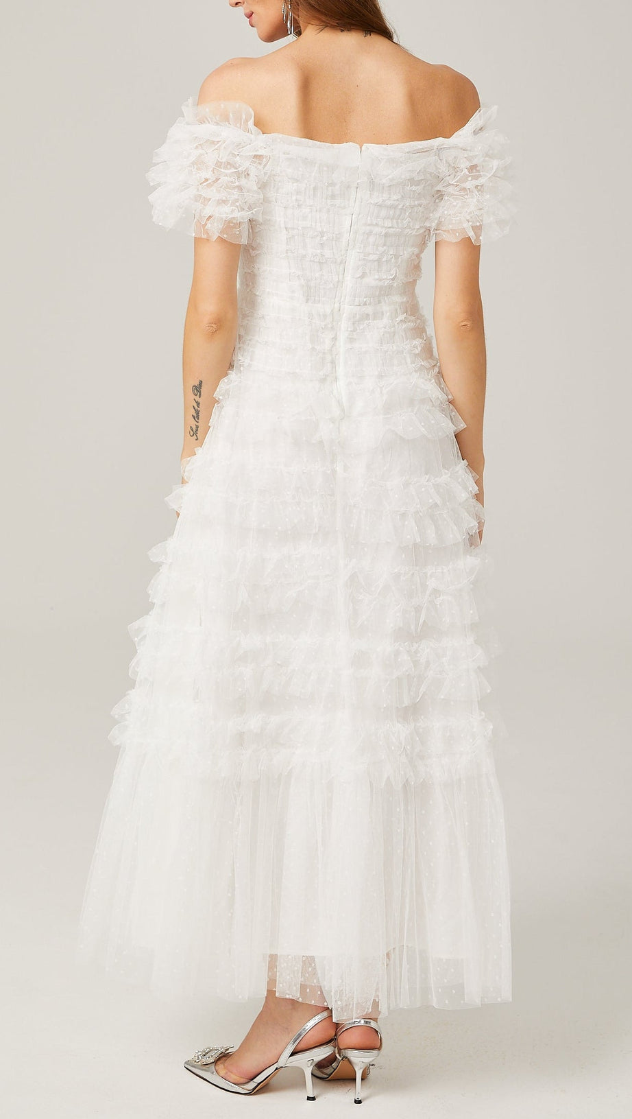 Joyce Ruffled Tulle Strapless Midi Dress in White