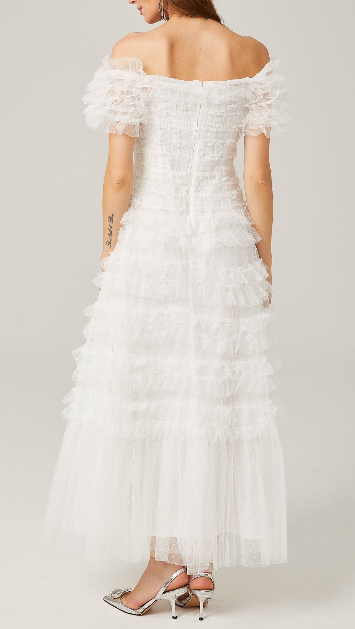 AIIZIE Joyce Ruffled Tulle Strapless Midi Dress in White - product image