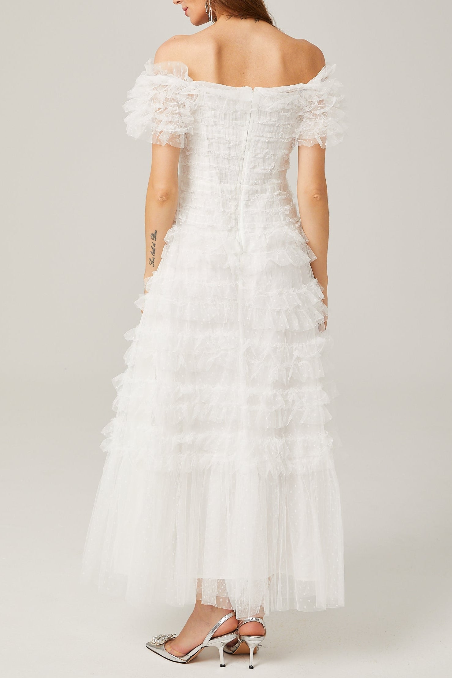 Joyce Ruffled Tulle Strapless Midi Dress in White
