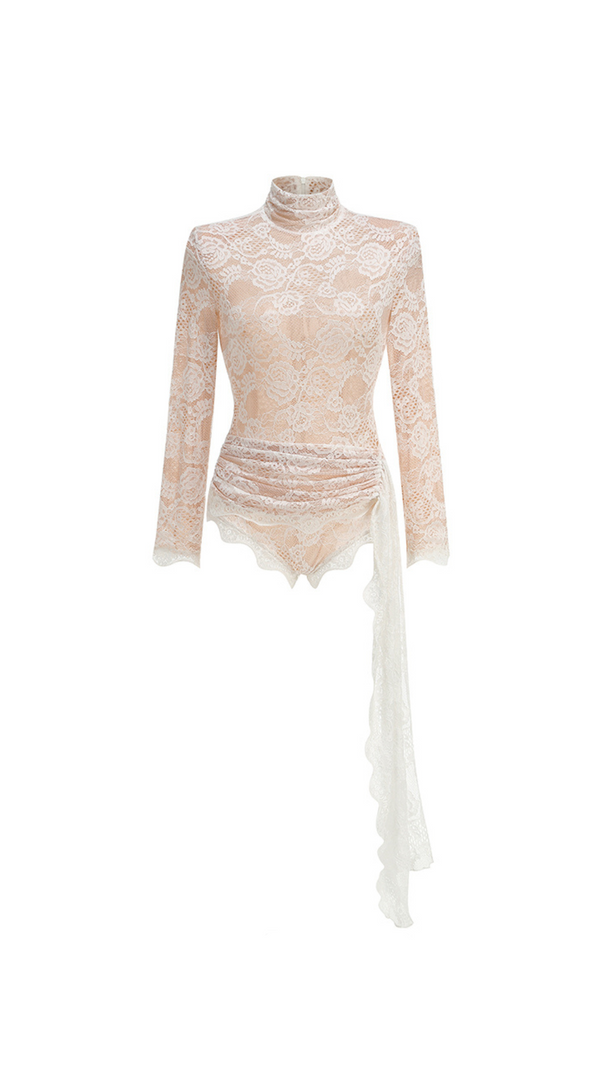 AIIZIE ZANNA WHITE HIGH NECK EMBROIDERED LACE BODYSUIT - product image