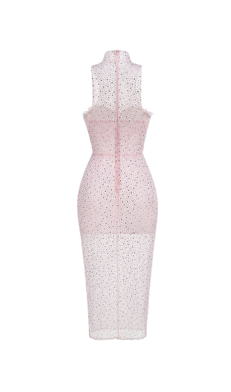 ADORA PINK BRAIDED LEATHER CRYSTAL EMBELLISHMENT MIDI DRESS