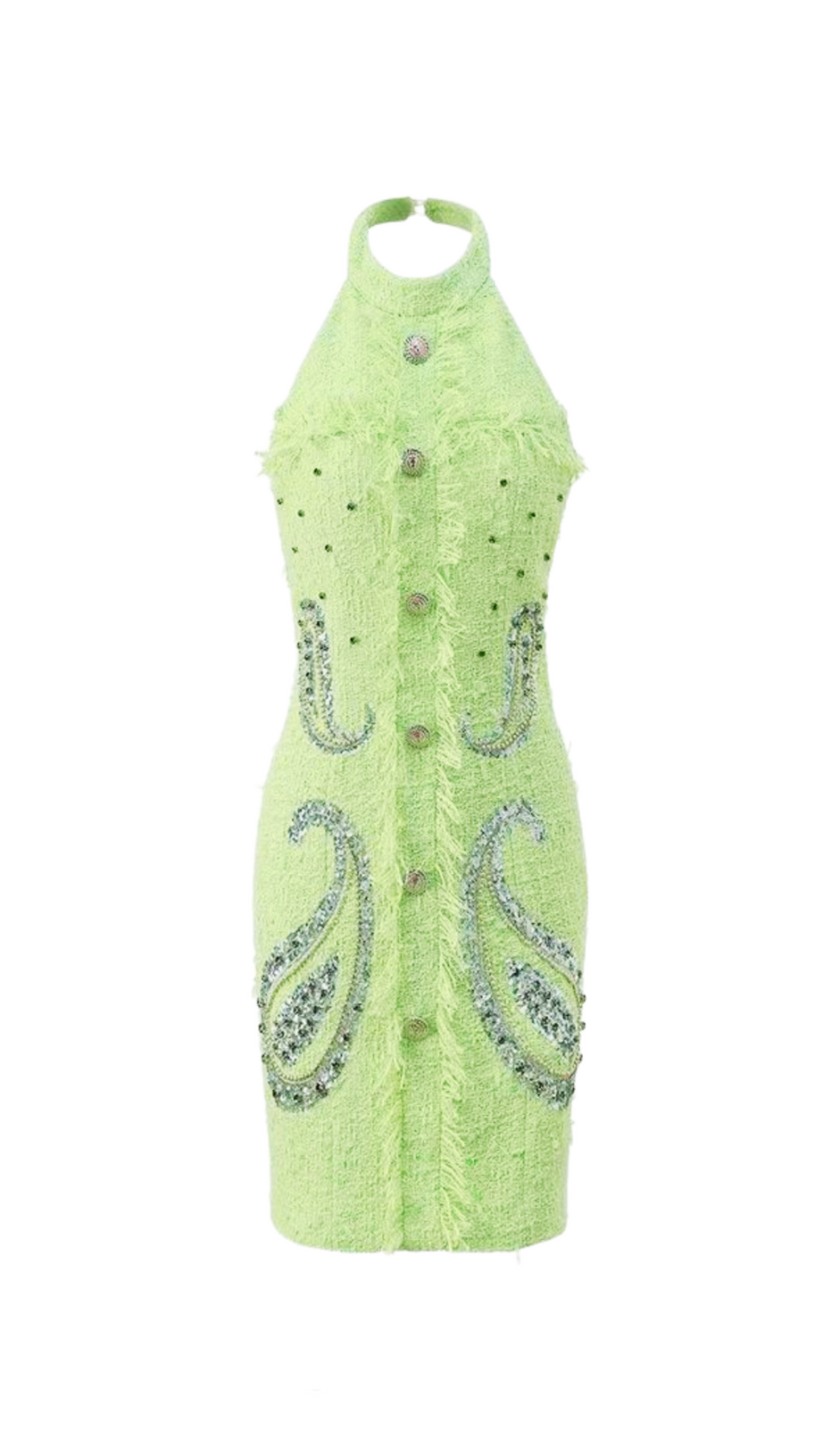 GEMMA PAISLEY-EMBELLISHED TWEED MINI DRESS IN GREEN