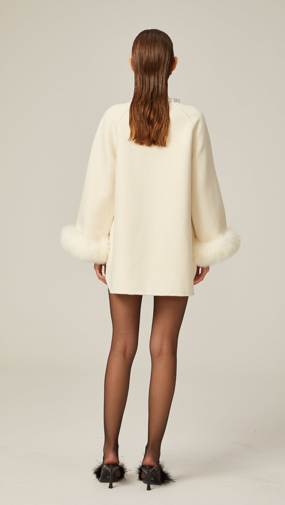 AIIZIE FRÉDÉRIQUE WHITE WOOL FUR EMBELLISHED COAT - product image