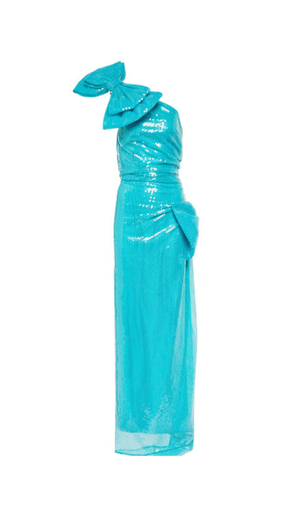 AIIZIE ONE SHOULDER BOW SEQUIN MAXI DRESS IN BLUE - product image