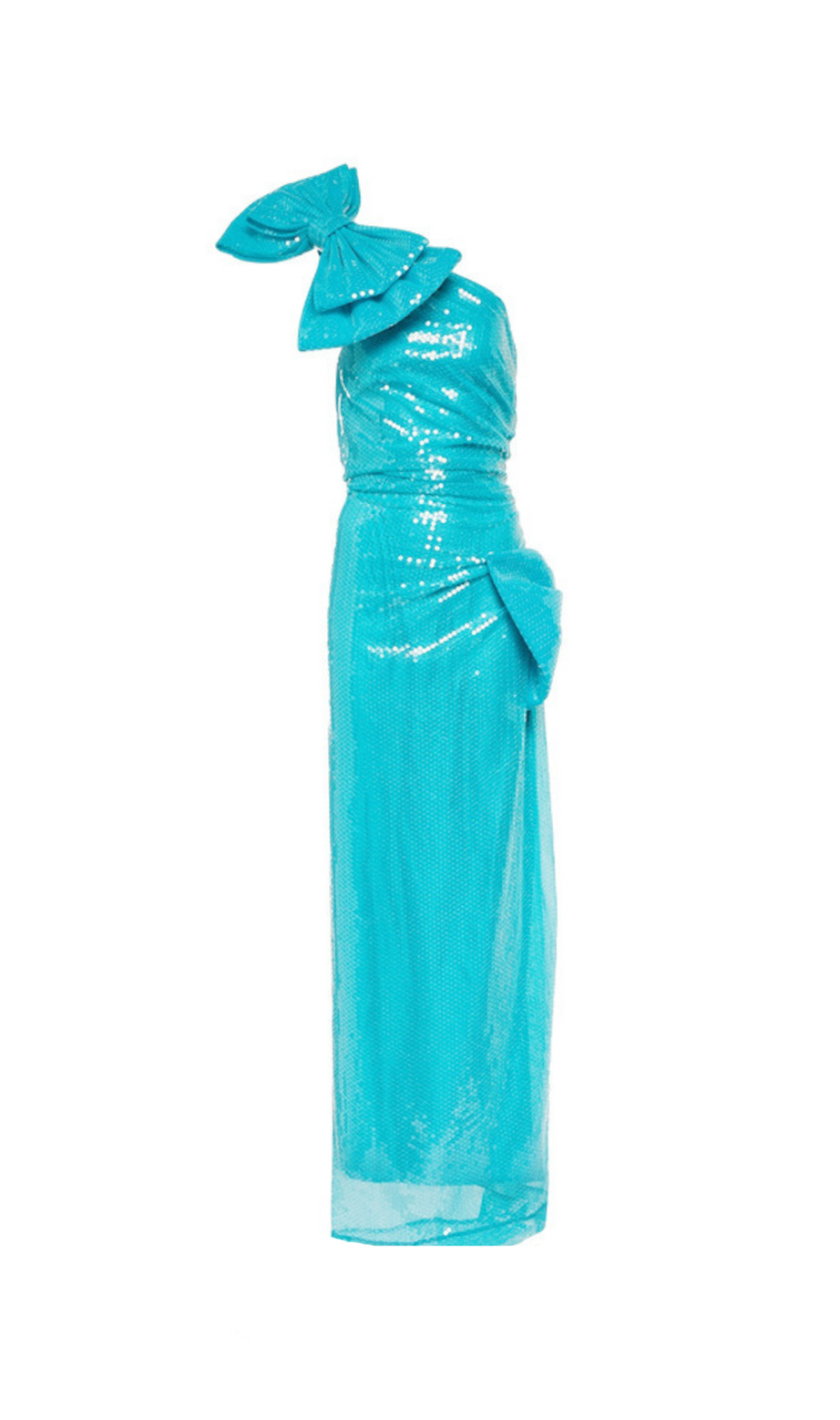 One Shoulder Bow Sequin Maxi Dress in blue