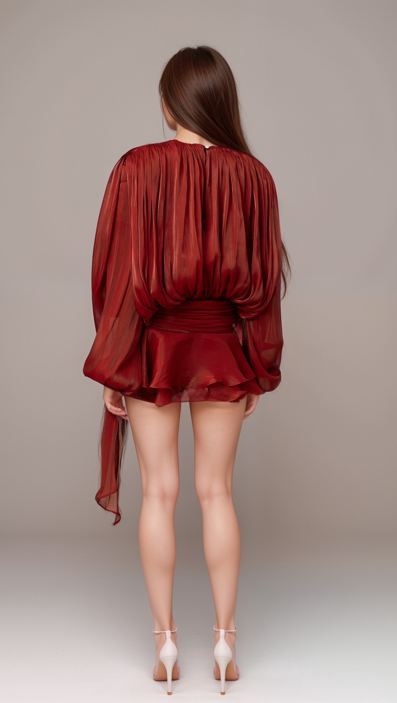 FULLY-PLEATED RUFFLED MINI DRESS IN RED