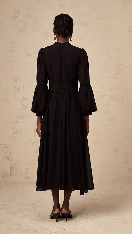 ABITO MIDI IN SETA CON MANICHE A LANTERNA IN NERO