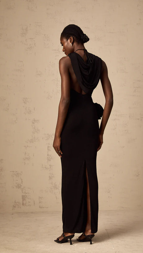 ABITO MIDI CON CAPPUCCIO E FIORI 3D IN METALLO TAMMY NERO