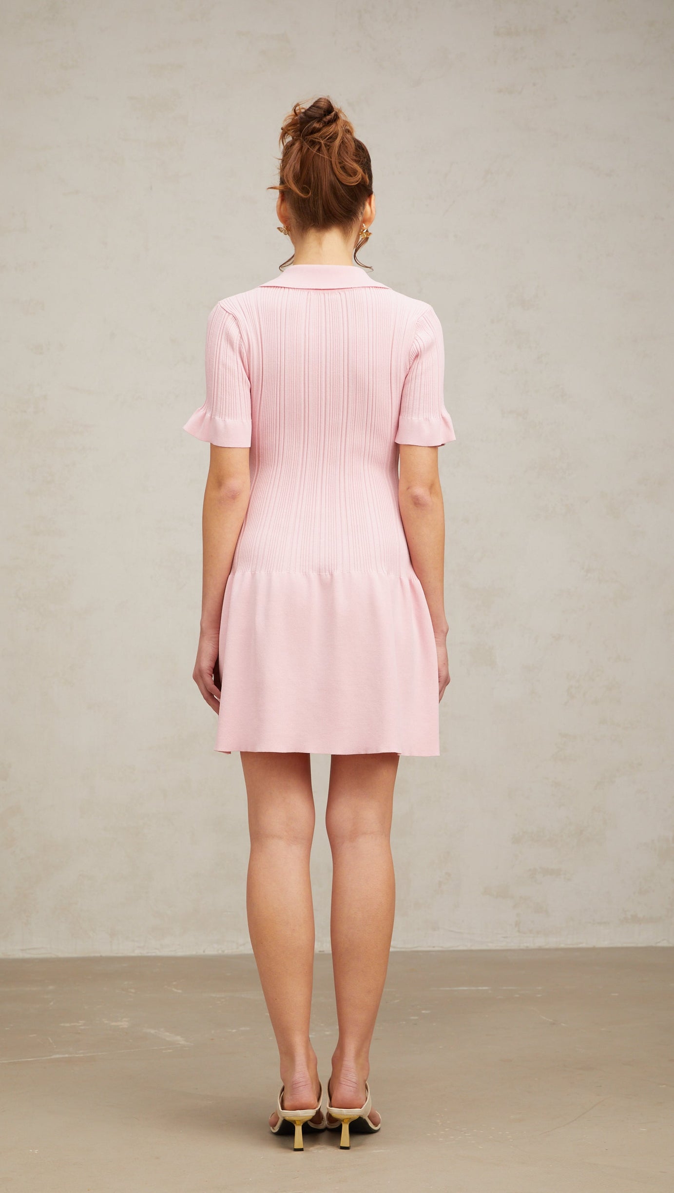 NOLWENN PINK FLARED FINE-KNIT MINI DRESS