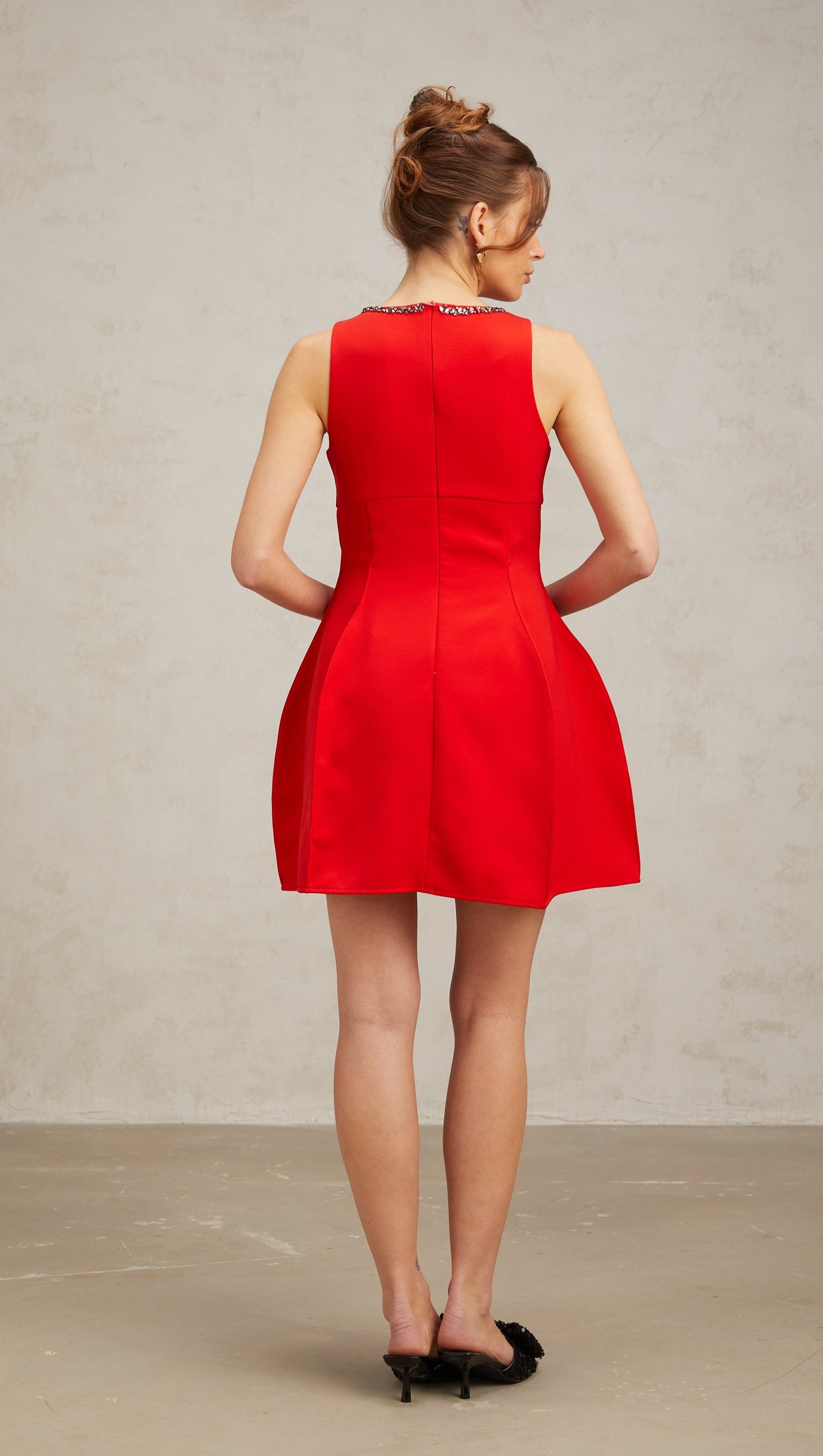 KATIE RED CRYSTAL-EMBELLISHED PUFF MINI DRESS