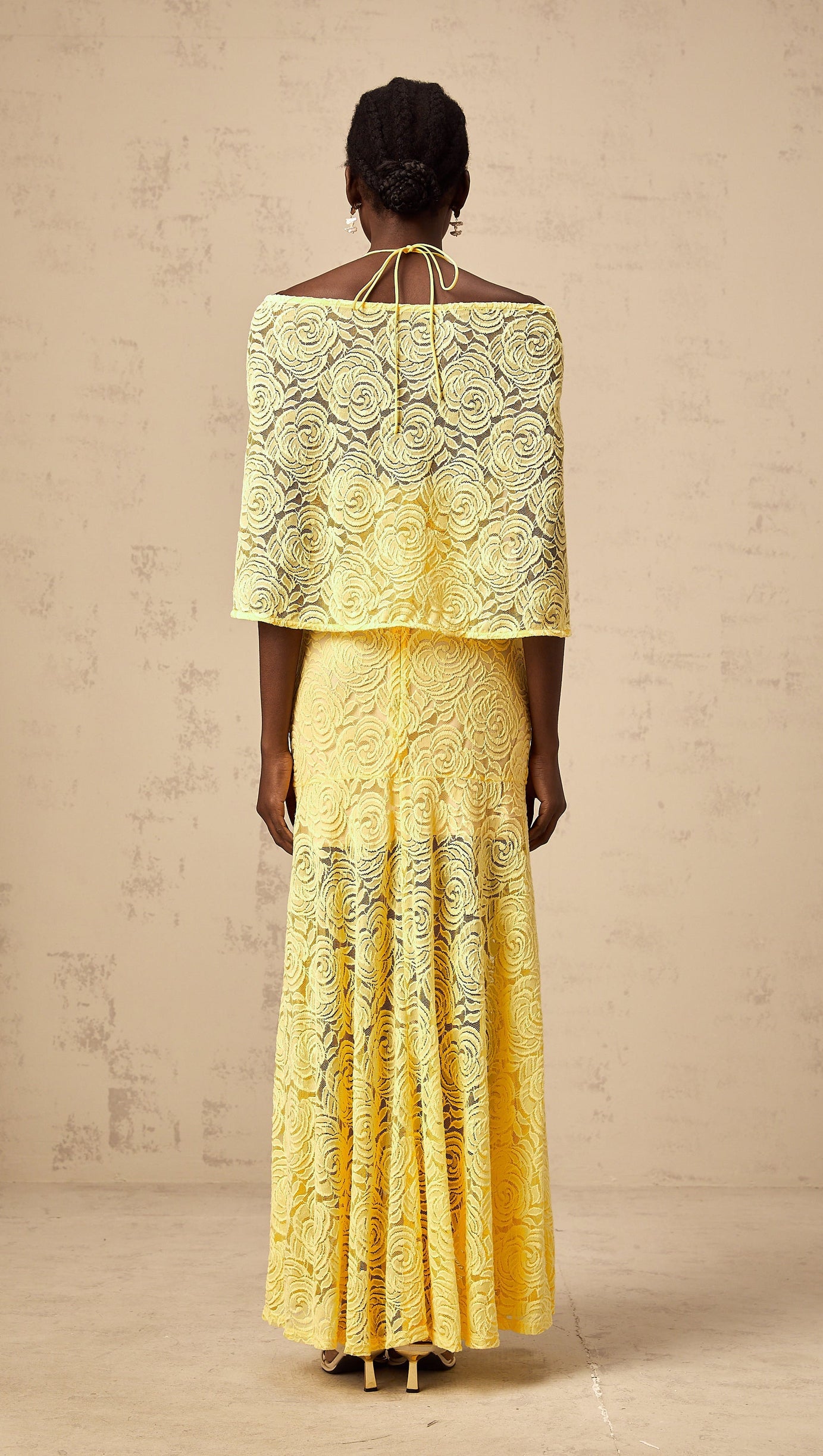 URSULA YELLOW CAPE-DESIGN CHANTILLY-LACE MAXI DRESS