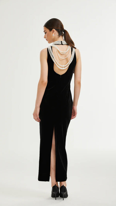 VELVET FAUX PEARL SLEEVELESS MIDI DRESS