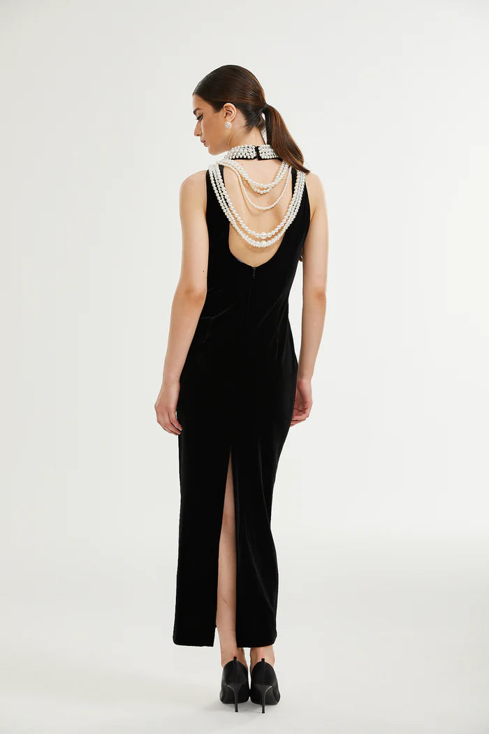 AIIZIE VELVET FAUX PEARL SLEEVELESS MIDI DRESS - product image