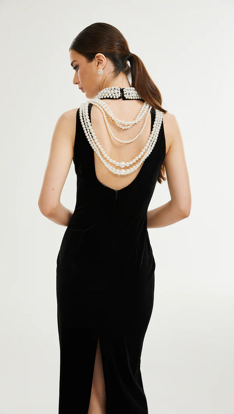 VELVET FAUX PEARL SLEEVELESS MIDI DRESS